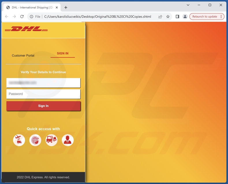 DHL Express - Incomplete Delivery Address Betrugs-E-Mail fördert die Phishing-Datei (Original BL CI Copies.shtml)