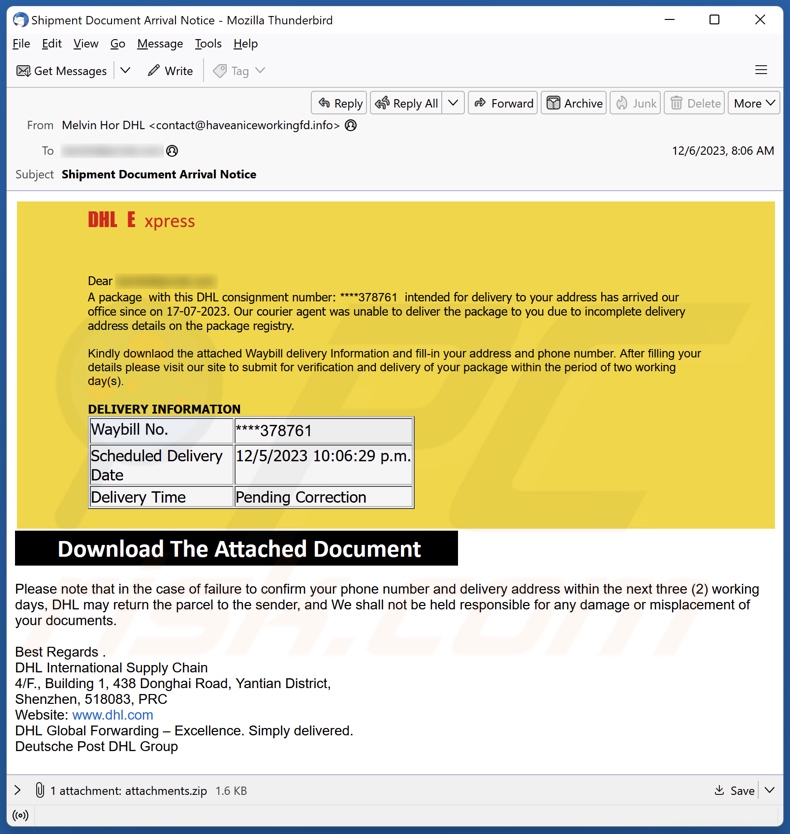 DHL Express - Incomplete Delivery Address E-Mail Spam-Kampagne