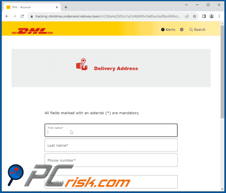Phishing-Seite gefördert durch den DHL Unpaid Duty E-Mail-Betrug