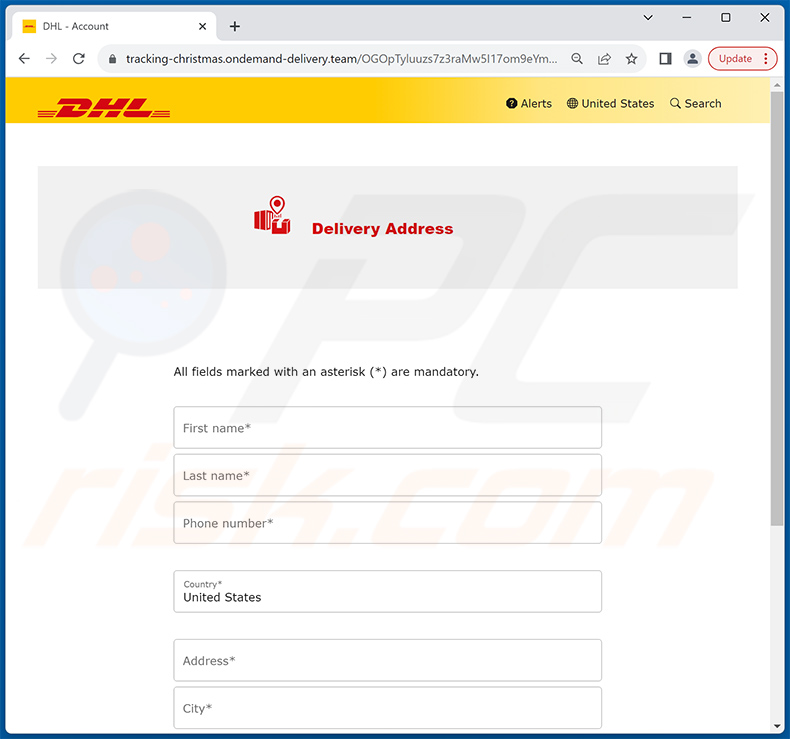 Phishing-Seite gefördert durch den DHL Unpaid Duty E-Mail-Betrug (Seite 1)