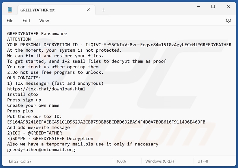 GREEDYFATHER Ransomware Lösegeldforderung (GREEDYFATHER.txt)