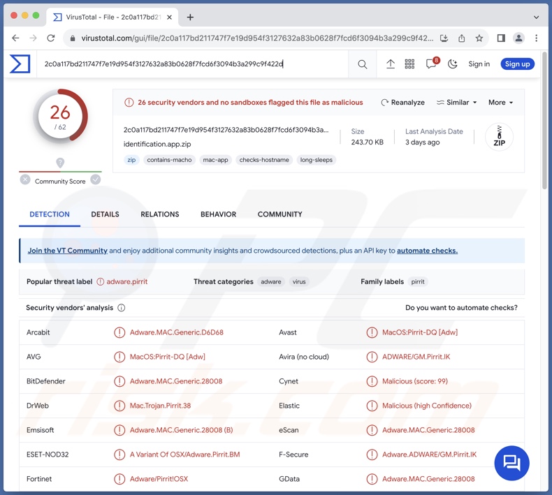 Identification.app Adware Erkennungen auf VirusTotal