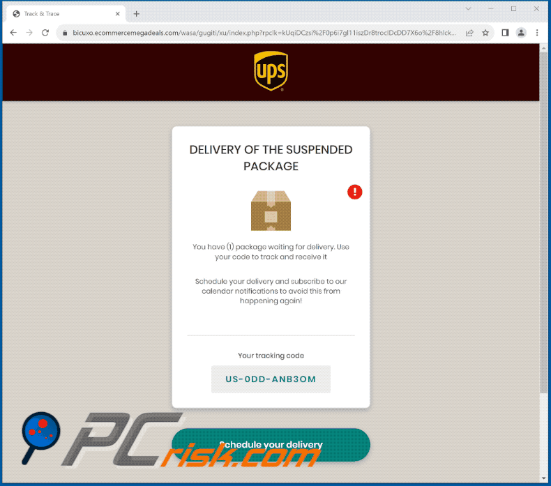 IPS Pending Package Delivery E-Mail-Betrug Aussehen der gefälschten Seite