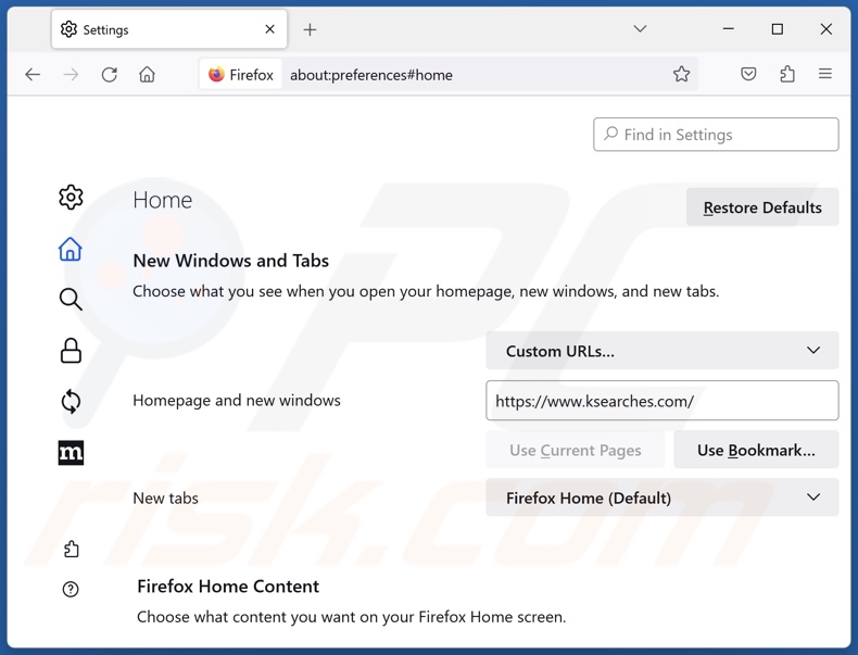 ksearches.com von der Mozilla Firefox Startseite entfernen