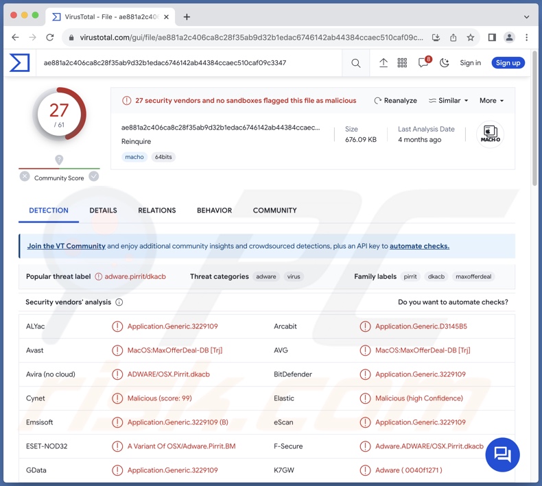 Reinquire Adware-Erkennungen auf VirusTotal