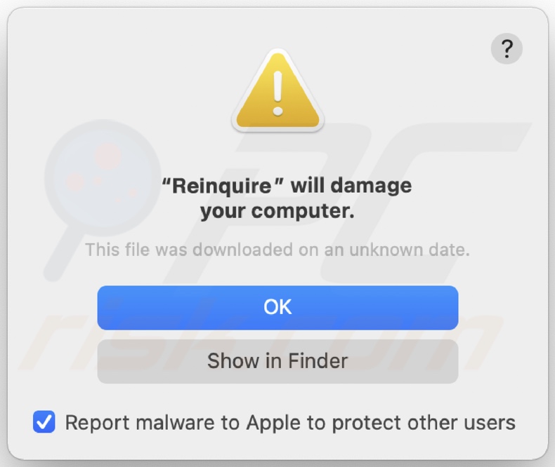 Dialogfenster, das angezeigt wird, wenn die Adware Reinquire auf dem System entdeckt wird