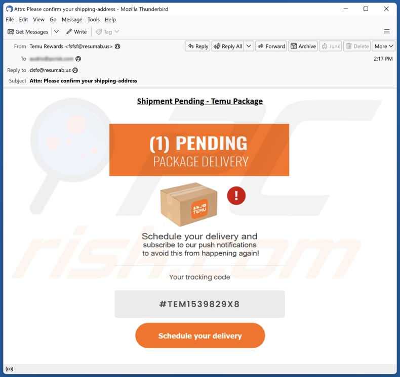 Temu - Pending Package Delivery E-Mail Spam-Kampagne