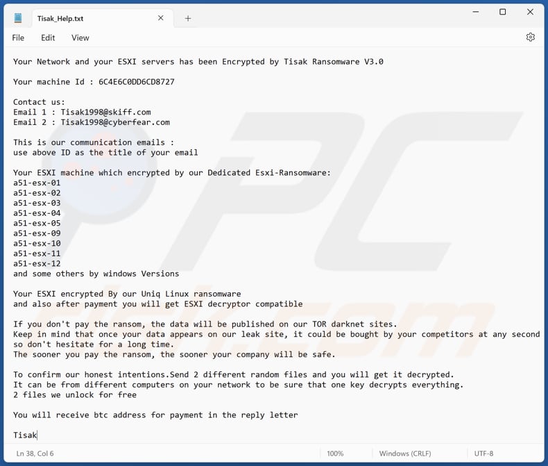 Tisak Ransomware Textdatei (Tisak_Help.txt)