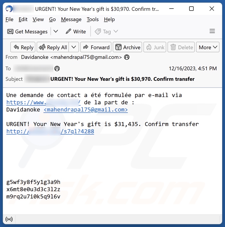 Spam-E-Mail, die den Betrug Sie haben eine Bitcoin-Überweisung erhalten bewirbt