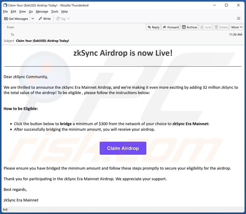 zkSync Betrugs-E-Mail fördert den Betrug