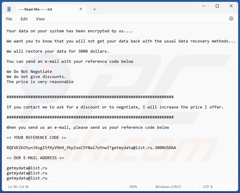 3000USDAA Ransomware Lösegeldforderung (----Read-Me-----.txt)