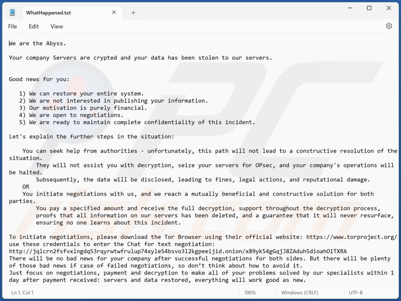 Abyss Ransomware Textdatei (WhatHappened.txt)