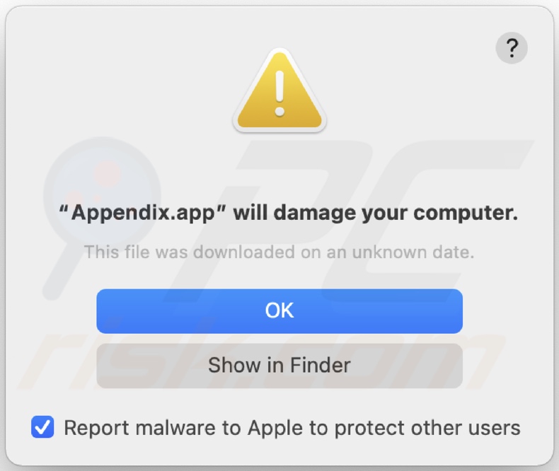 Angezeigtes Dialogfenster wenn Appendix.app Adware im System erkannt wird