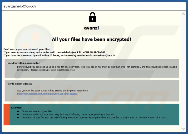 Avanzi Ransomware Lösegeldforderung (Dialogfenster)