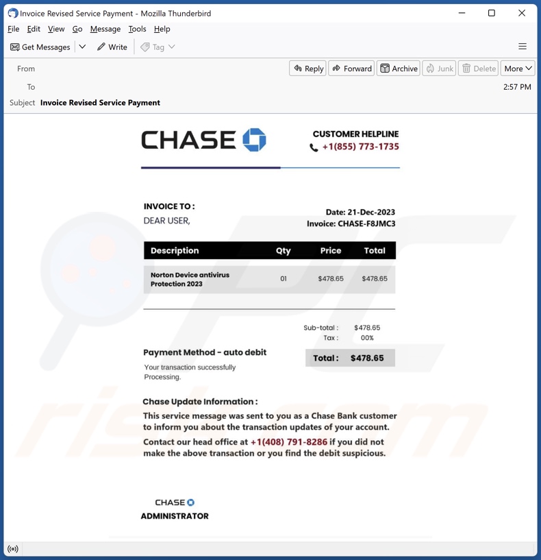 Chase Bank Invoice E-Mail Spam-Kampagne