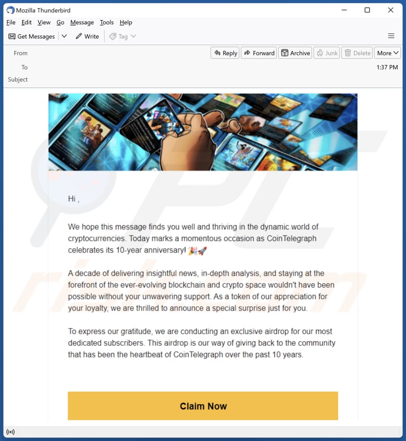 Die E-Mail von Cointelegraph 10th Anniversary Airdrop fördert diesen Betrug