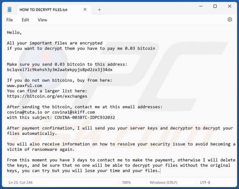 CoV Ransomware Textdatei (HOW TO DECRYPT FILES.txt)