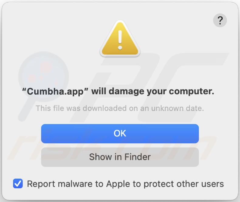 Angezeigtes Dialogfenster, wenn Cumbha.app Adware im System erkannt wird