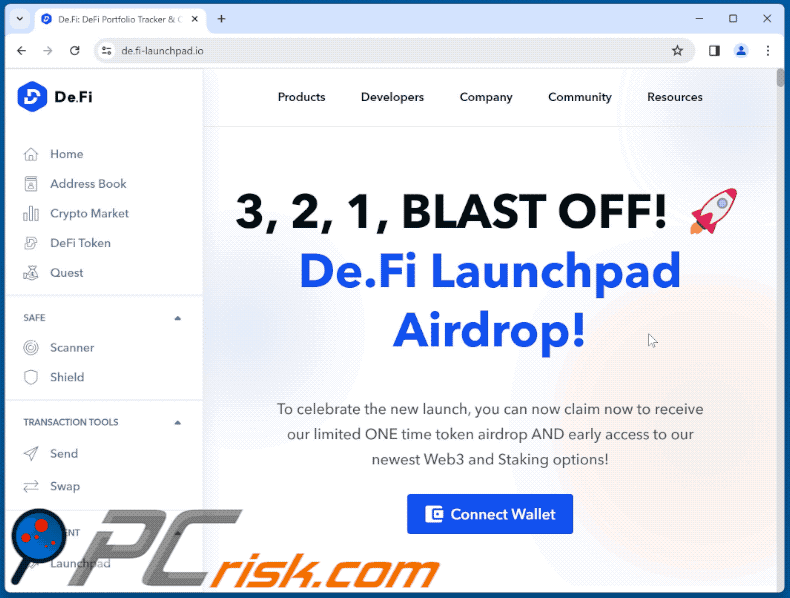 Aussehen des De.Fi Launchpad Airdrop Betrugs (GIF)