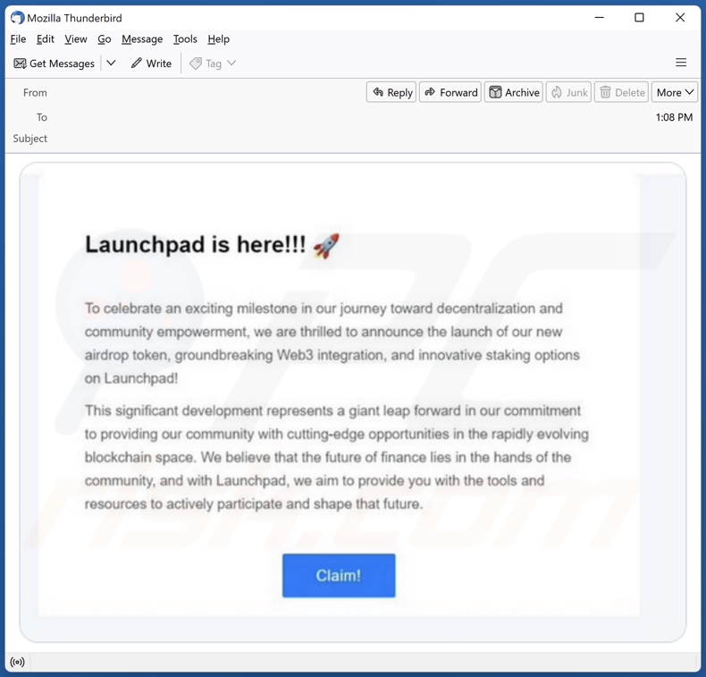Spam-E-Mail fördert den De.Fi Launchpad Airdrop Betrug