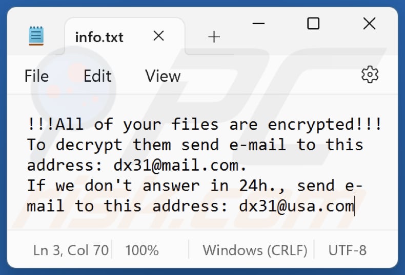 Dx31 Ransomware Lösegeldforderung Textdatei (info.txt)