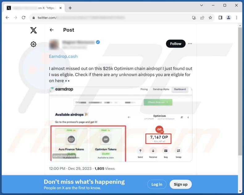 Earndrop Betrug X (Twitter) Beitrag fördert den Betrug