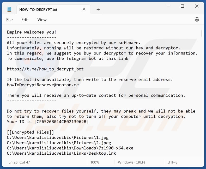 Empire Ransomware Textdatei (HOW-TO-DECRYPT.txt)