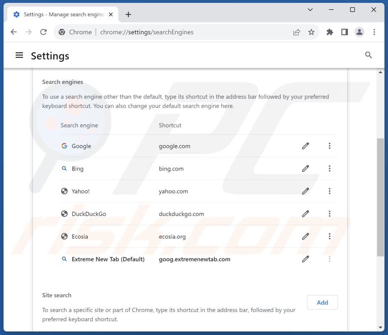 extremenewtab.com von der Google Chrome Standardsuchmaschine entfernen