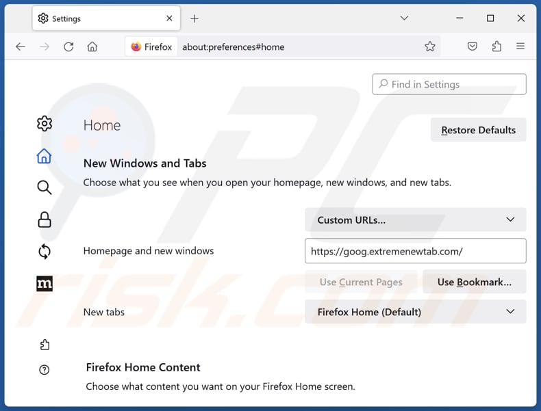 extremenewtab.com von der Mozilla Firefox Startseite entfernen