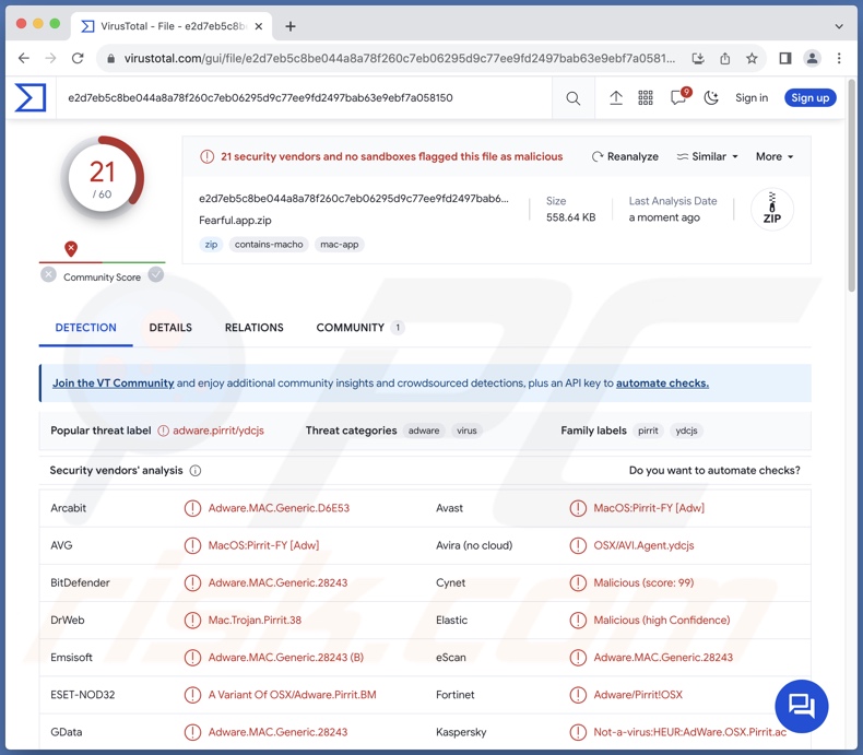 Fearful.app Adware Erkennungen auf VirusTotal