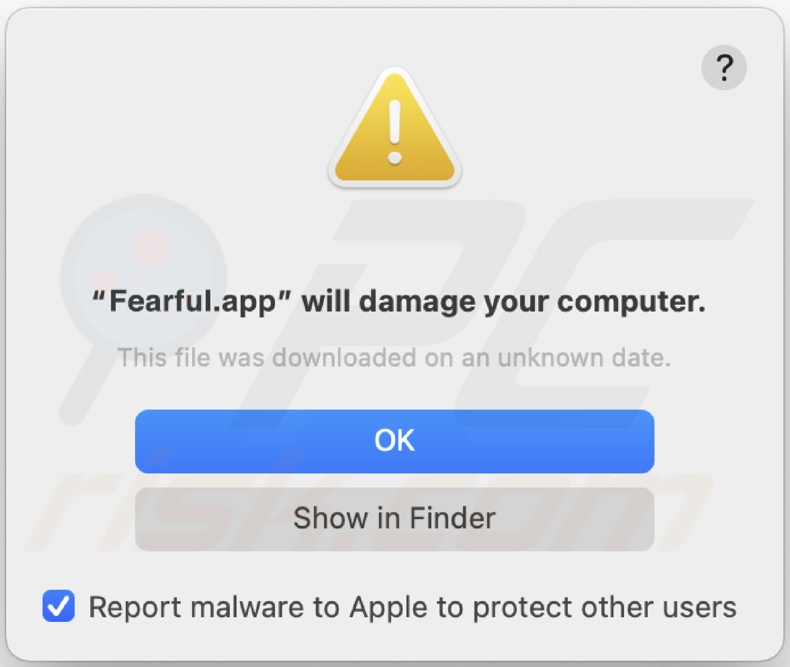 Angezeigtes Dialogenster wenn Fearful.app Adware im System erkannt wird