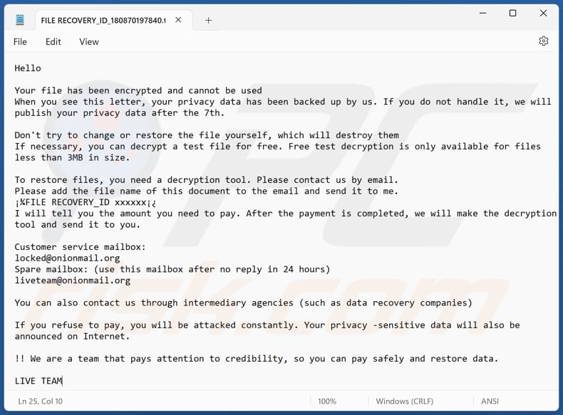 LIVE TEAM Ransomware Textdatei (FILE RECOVERY_ID_[victim's_ID].txt)
