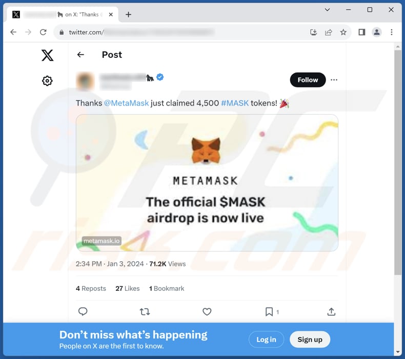 Mask token airdrop Betrug X (Twitter) Beitrag fördert den Betrug