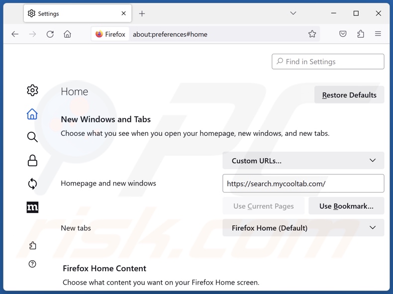 search.mycooltab.com von der Mozilla Firefox Startseite entfernen