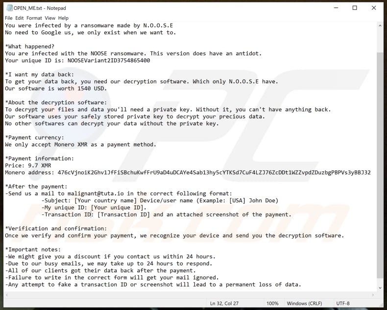 NOOSE Ransomware Textdatei (OPEN_ME.txt)