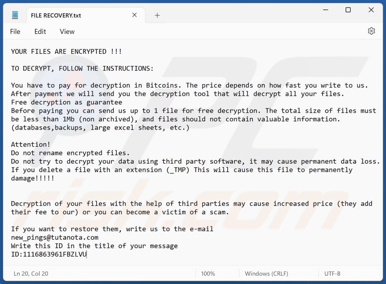 Pings Ransomware Textdatei (FILE RECOVERY.txt)