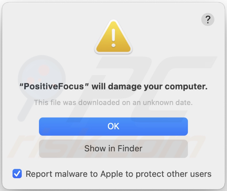 Angezeigtes Dialogfenster, wenn PositiveFocus Adware im System erkannt wird