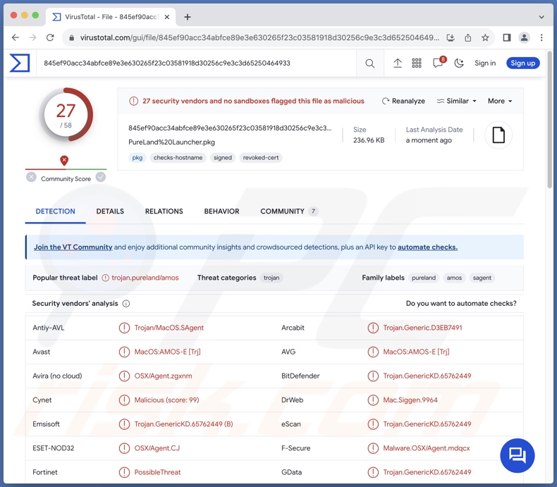 PureLand Malware-Erkennungen auf VirusTotal