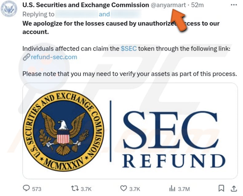 SEC Token Refund Airdrop Betrug X (Twitter) Beitrag fördert den Betrug