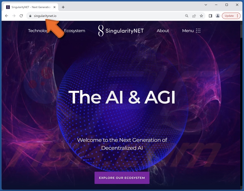 Real SingularityNET Webseite, die von seinem Namensvetter nachgeahmt wird, Betrug