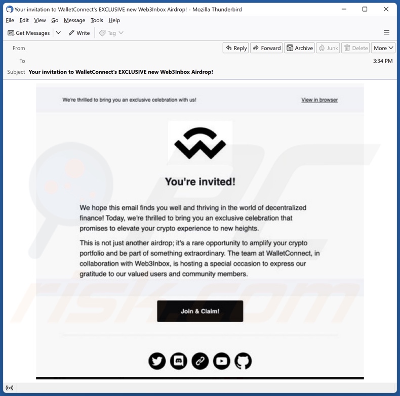 Spam-E-Mail fördert den WalletConnect & Web3Inbox Airdrop Betrug