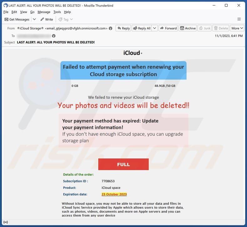 Your iCloud Photos And Videos Will Be Deleted E-Mail Spam-Kampagne