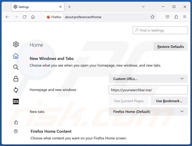 yoursearchbar.me von der Mozilla Firefox Startseite entfernen