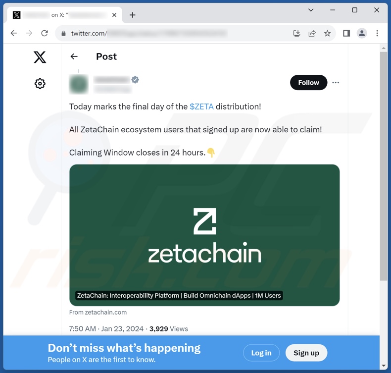Beitrag fördert den ZetaChain Airdrop Betrug auf der sozialen Medien Plattform X (Twitter)