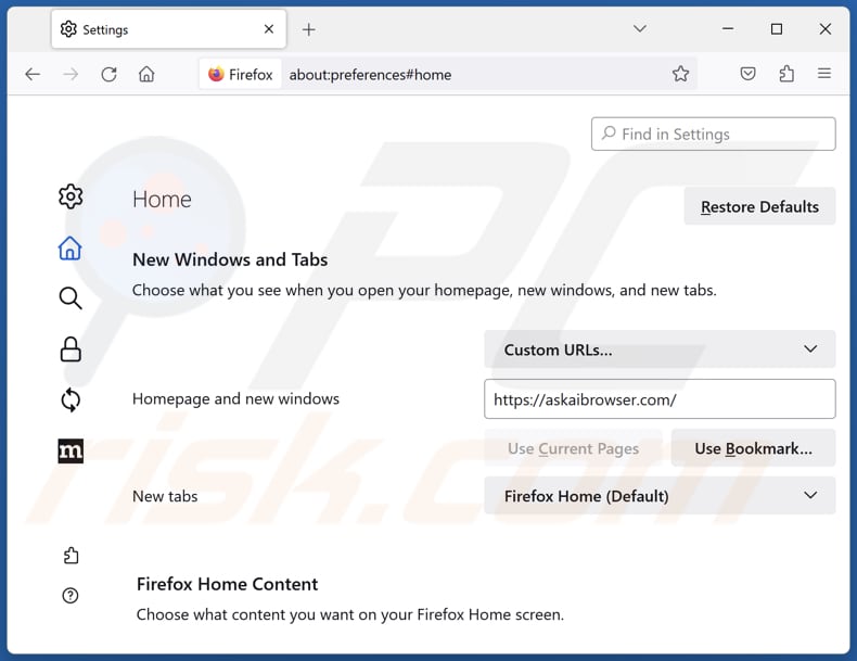 askaibrowser.com von der Mozilla Firefox Startseite entfernen