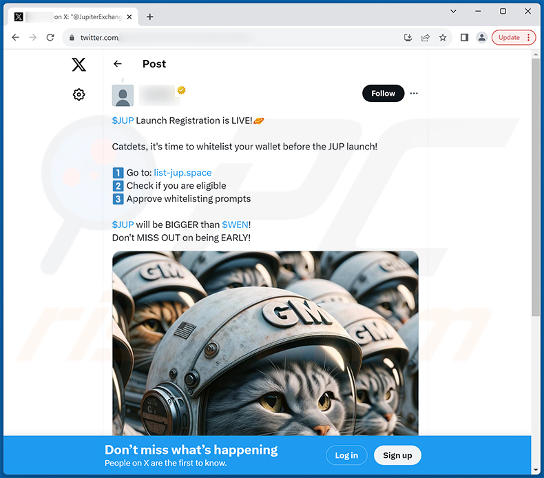 X (Twitter) Beitrag fördert die Jupiter Airdrop Betrugswebseite - listed-jup[.]space
