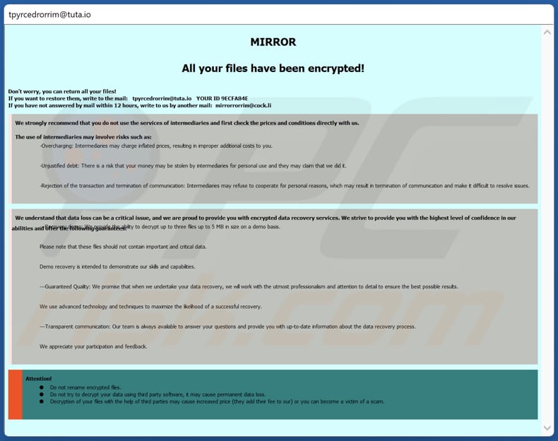 MIRROR Ransomware Lösegeldforderung (Dialogfenster)