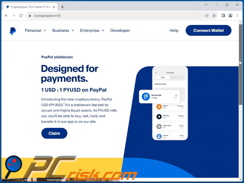 Aussehen des PayPal Stablecoin Betrugs (GIF)