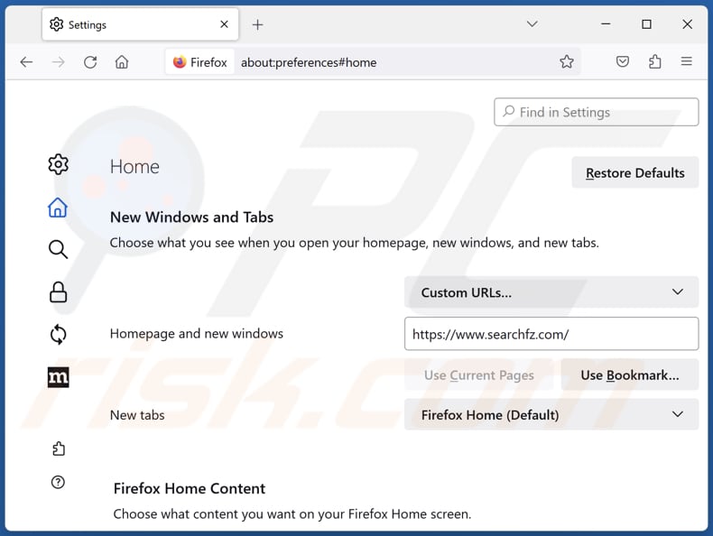 searchfz.com von der Mozilla Firefox Startseite entfernen