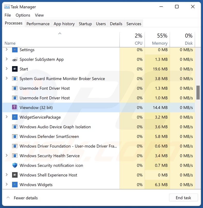 Viewndown PUA Prozess im Task Manager (Viewndown - Prozessname)